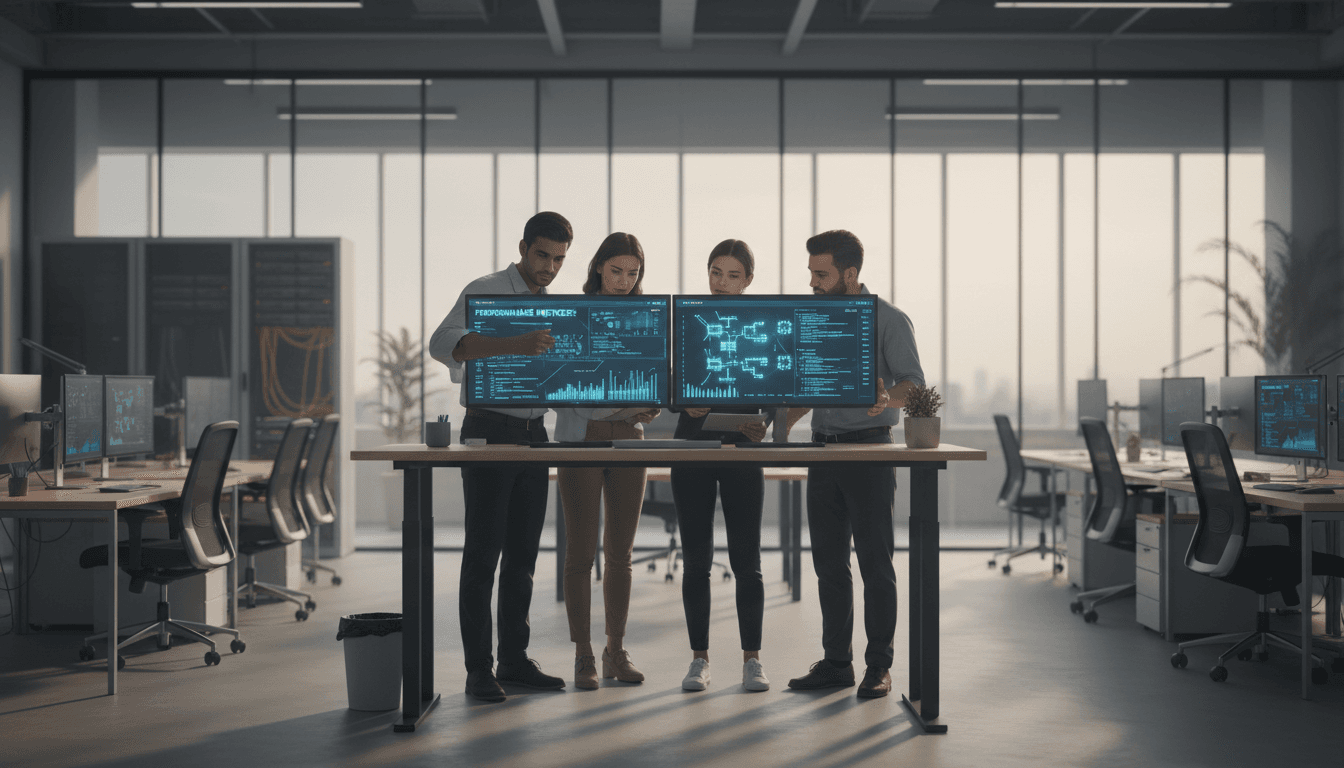 Three software engineers collaborating at standing desk reviewing AI model architecture on large monitor displays