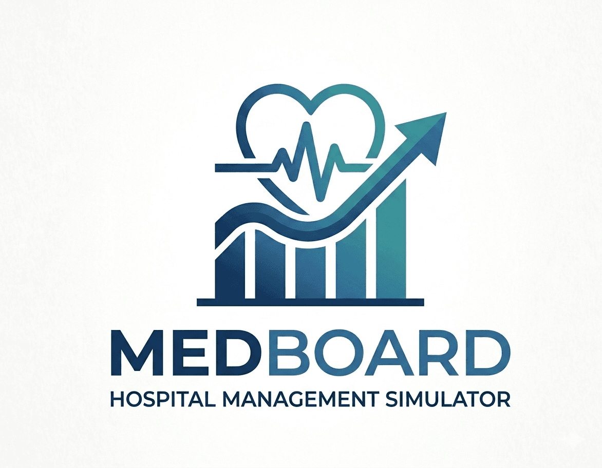 Logo de MedBoard Simulador de Gestión Hospitalaria con corazón, gráfico de barras y flecha azul.