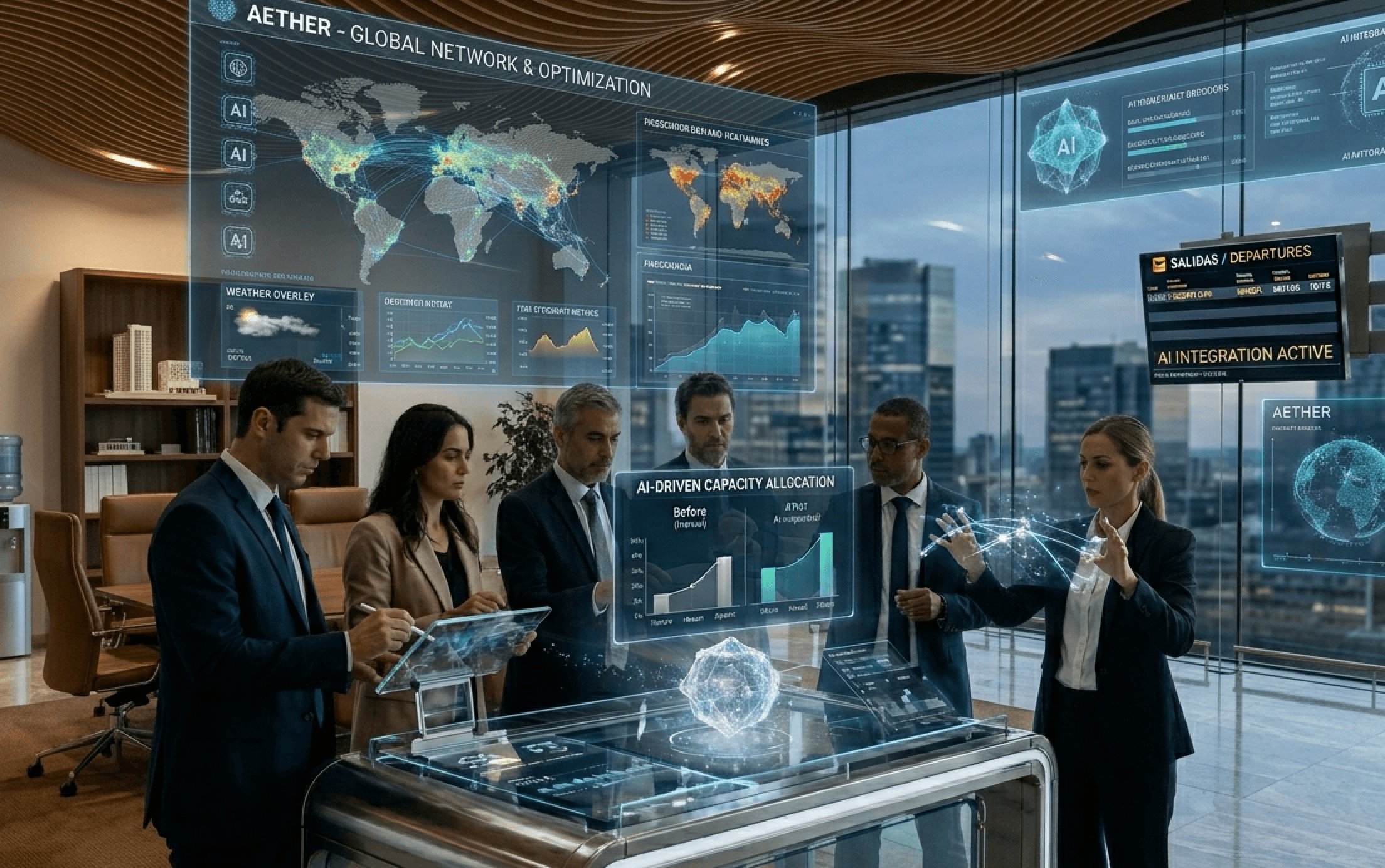 Cinco profesionales analizan datos globales en pantallas holográficas futuristas dentro de una oficina moderna.