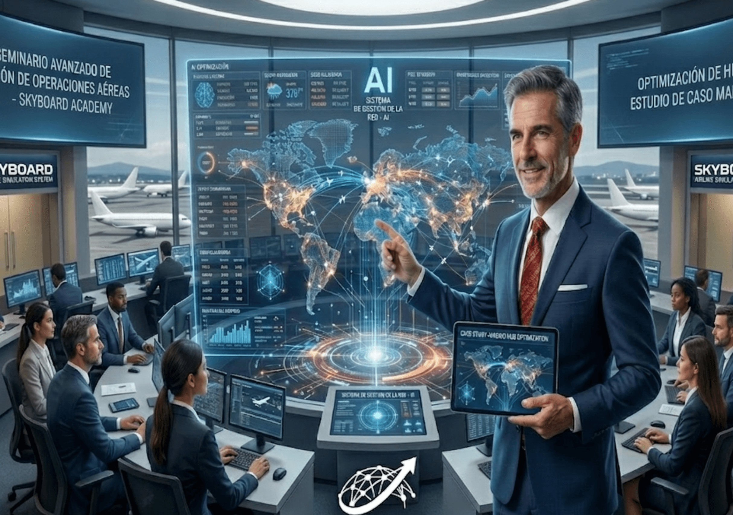 Ejecutivo señalando mapa mundial holográfico con IA en un centro de control de operaciones aéreas.