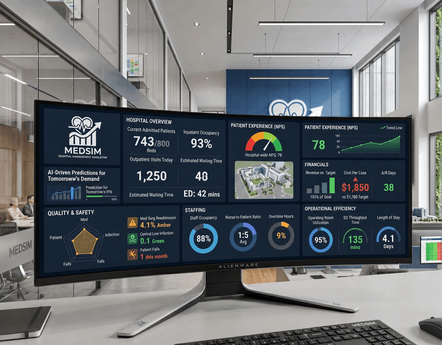 Monitor curvo con tablero de gestión hospitalaria mostrando datos de pacientes, finanzas y personal.