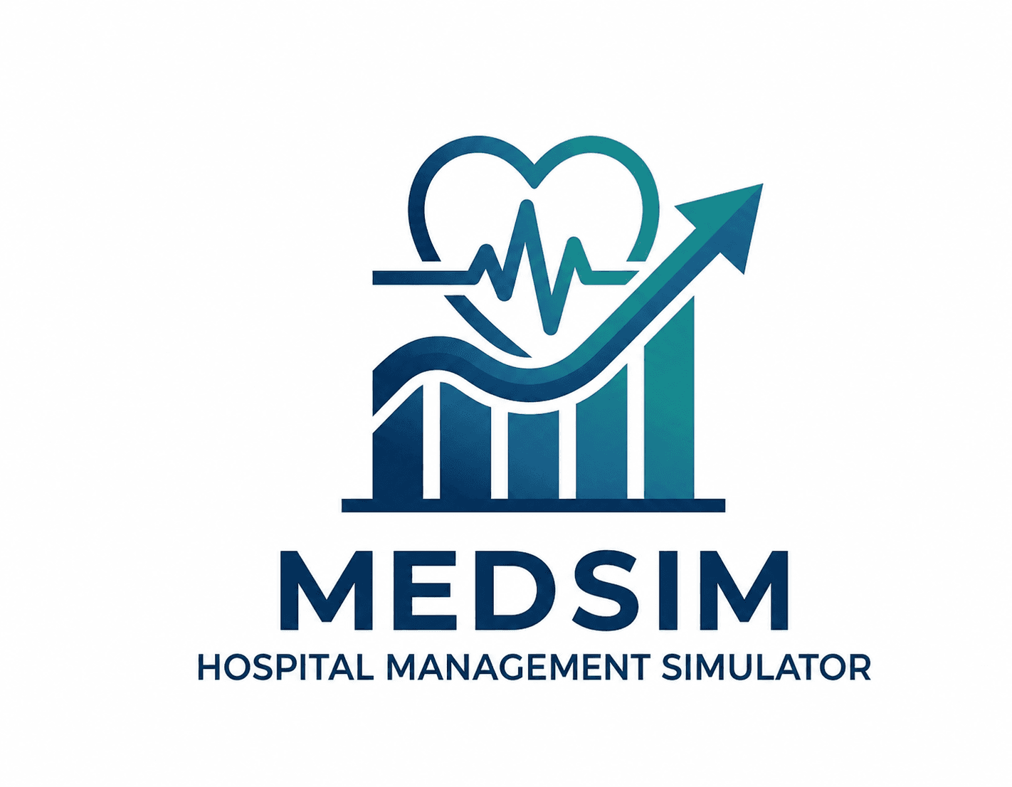 Logotipo de MEDSIM con corazón, pulso y gráfico de barras azul con flecha ascendente.