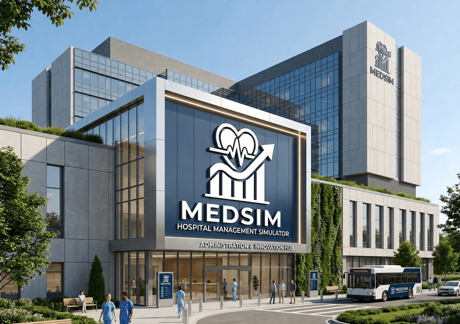 Fachada acristalada del edificio MEDSIM con personal médico caminando y un autobús blanco y azul.