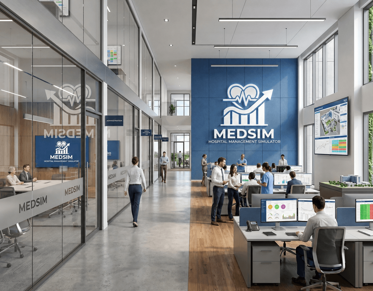 Oficina moderna de MEDSIM con empleados trabajando en computadoras y salas de reuniones vidriadas.
