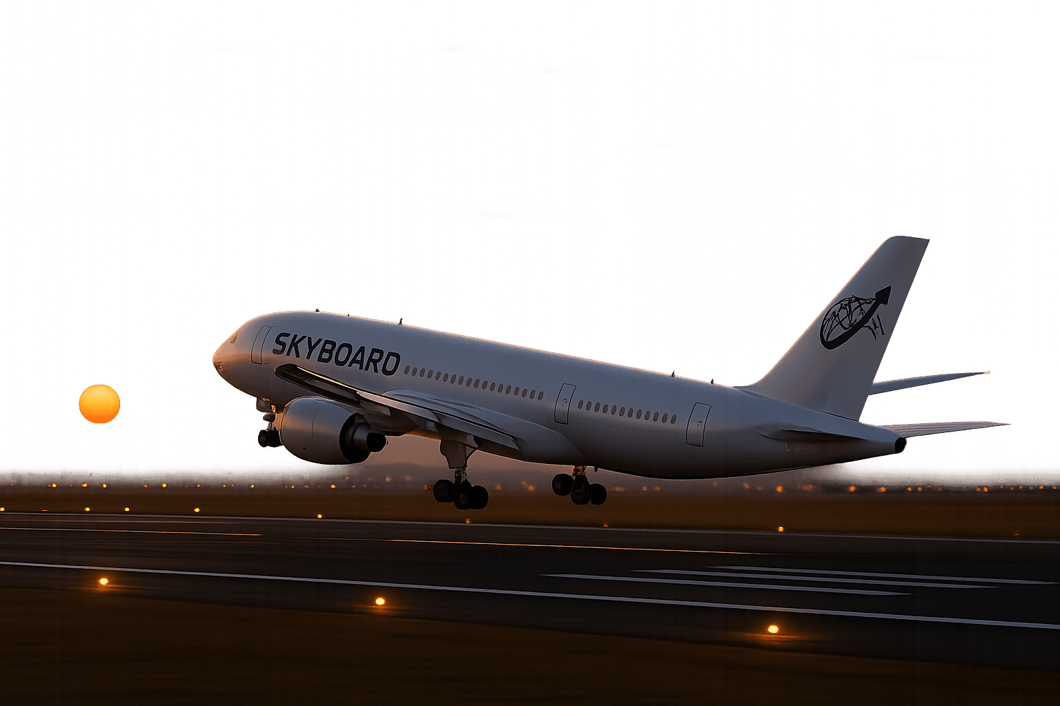 Avión de Skyboard despegando de una pista iluminada frente a un gran sol naranja.