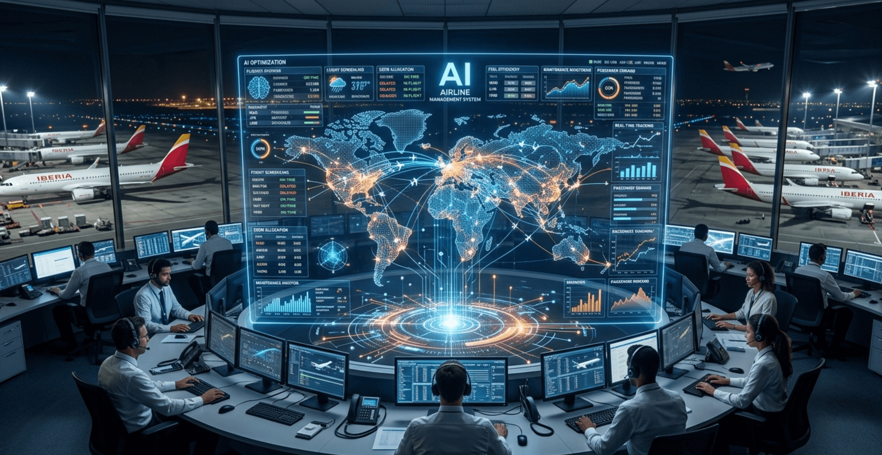 Centro de control aéreo con operadores monitoreando rutas globales en un mapa holográfico futurista.