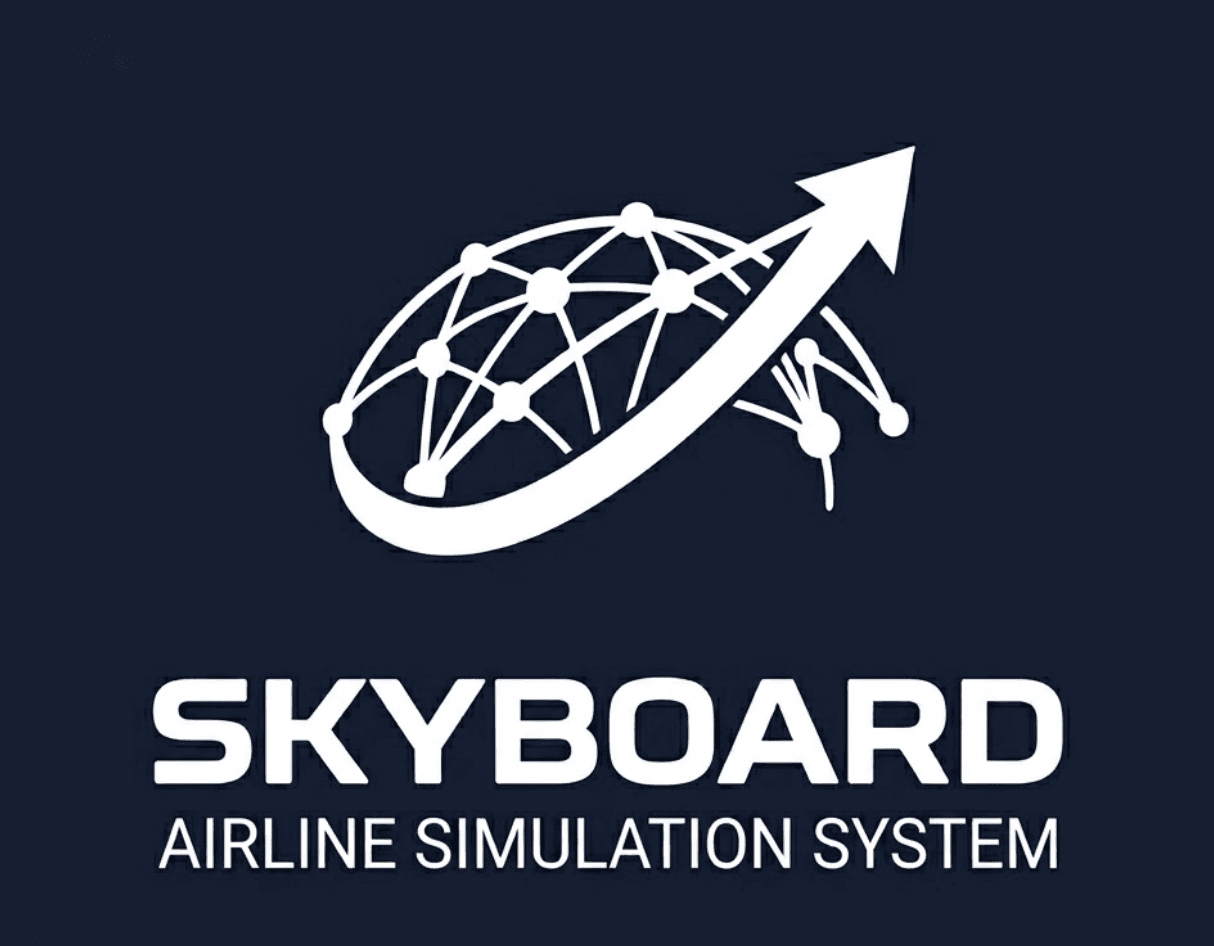 Logotipo de Skyboard Sistema de Simulación de Aerolíneas con red global y una flecha blanca.